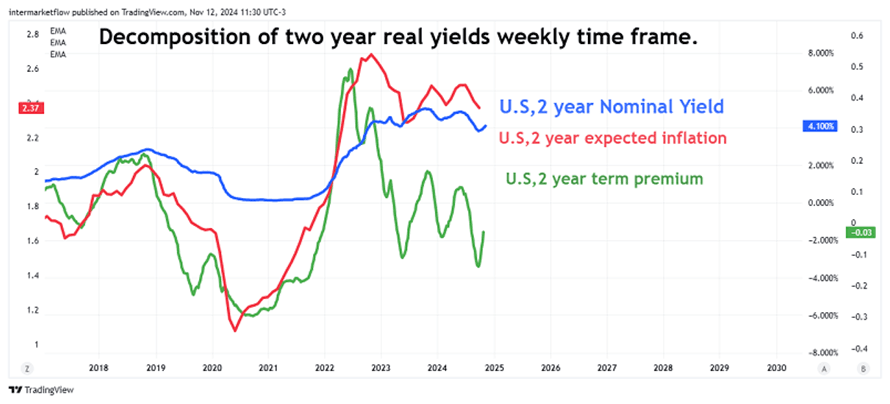 Chart showing the decomposition of 2-year real interest rates in the United States, including nominal yield, expected inflation, and term premium components.