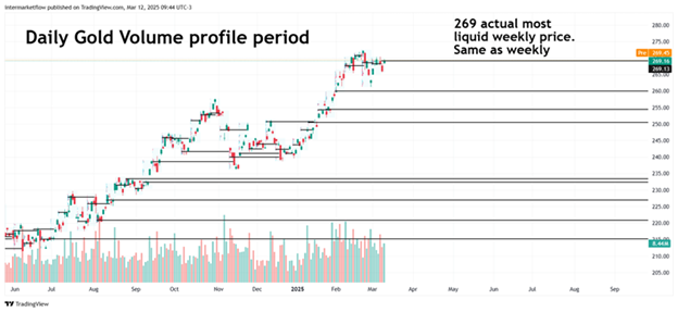 Daily Gold Volume Profile chart with key price levels marked.