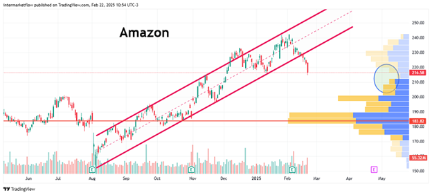 Candlestick chart of Amazon stock with a price channel and volume profile. Stage 4 Macro Narrative