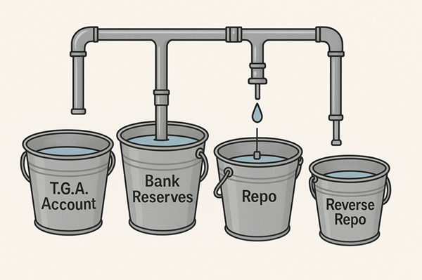 Three water buckets with faucet representing monetary liquidity system